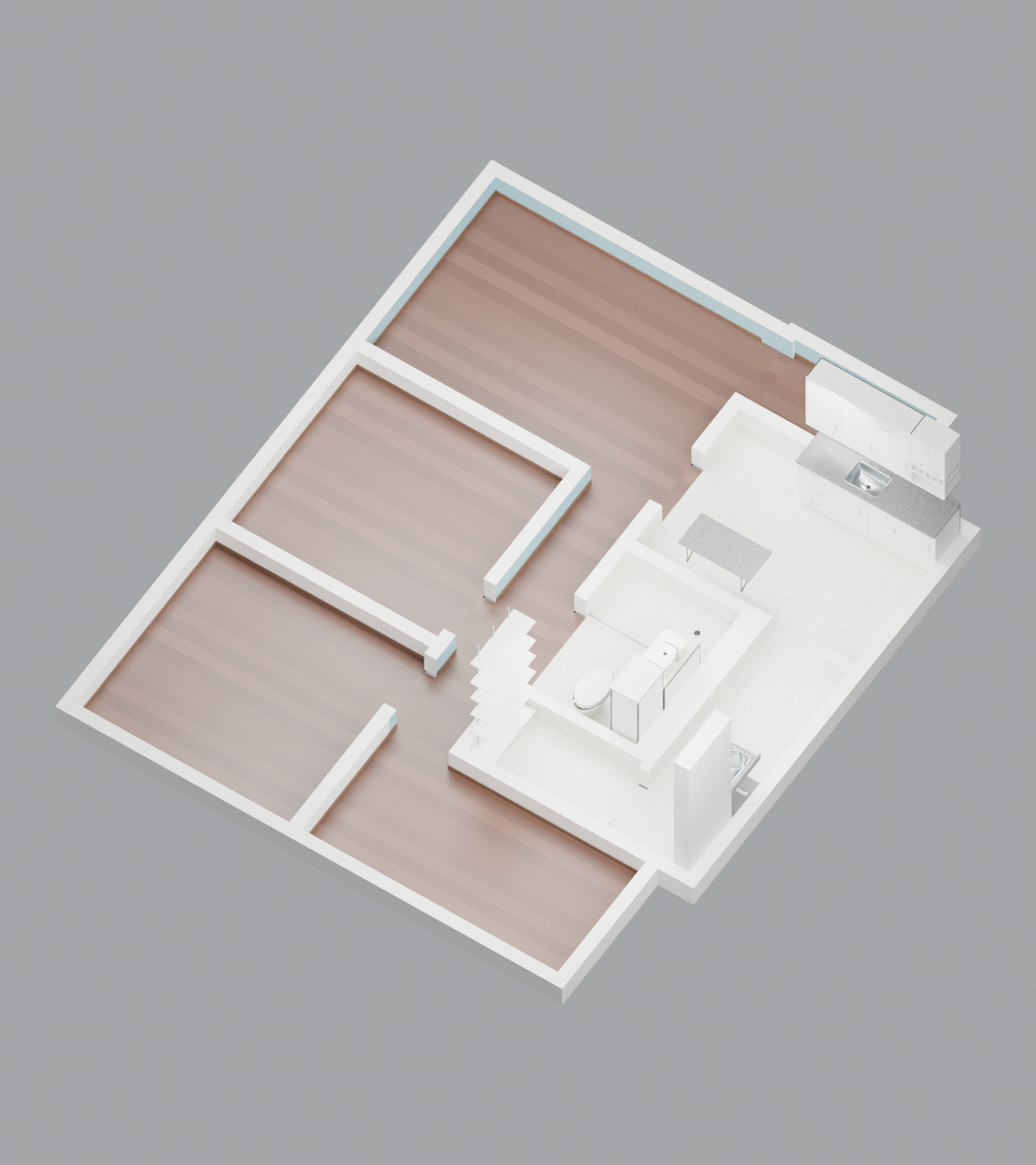 Vista estática do apartamento com acabamentos e elementos fixos